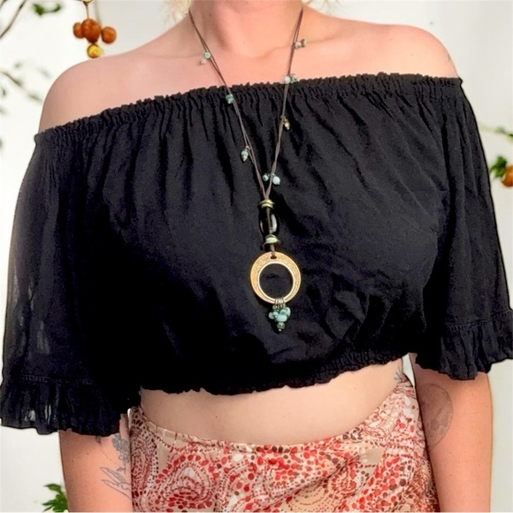 Keliki Tops - Keliki Hawaiian Black Off-Shoulder Women's Lightweight Crop Top Bell Sleeves L